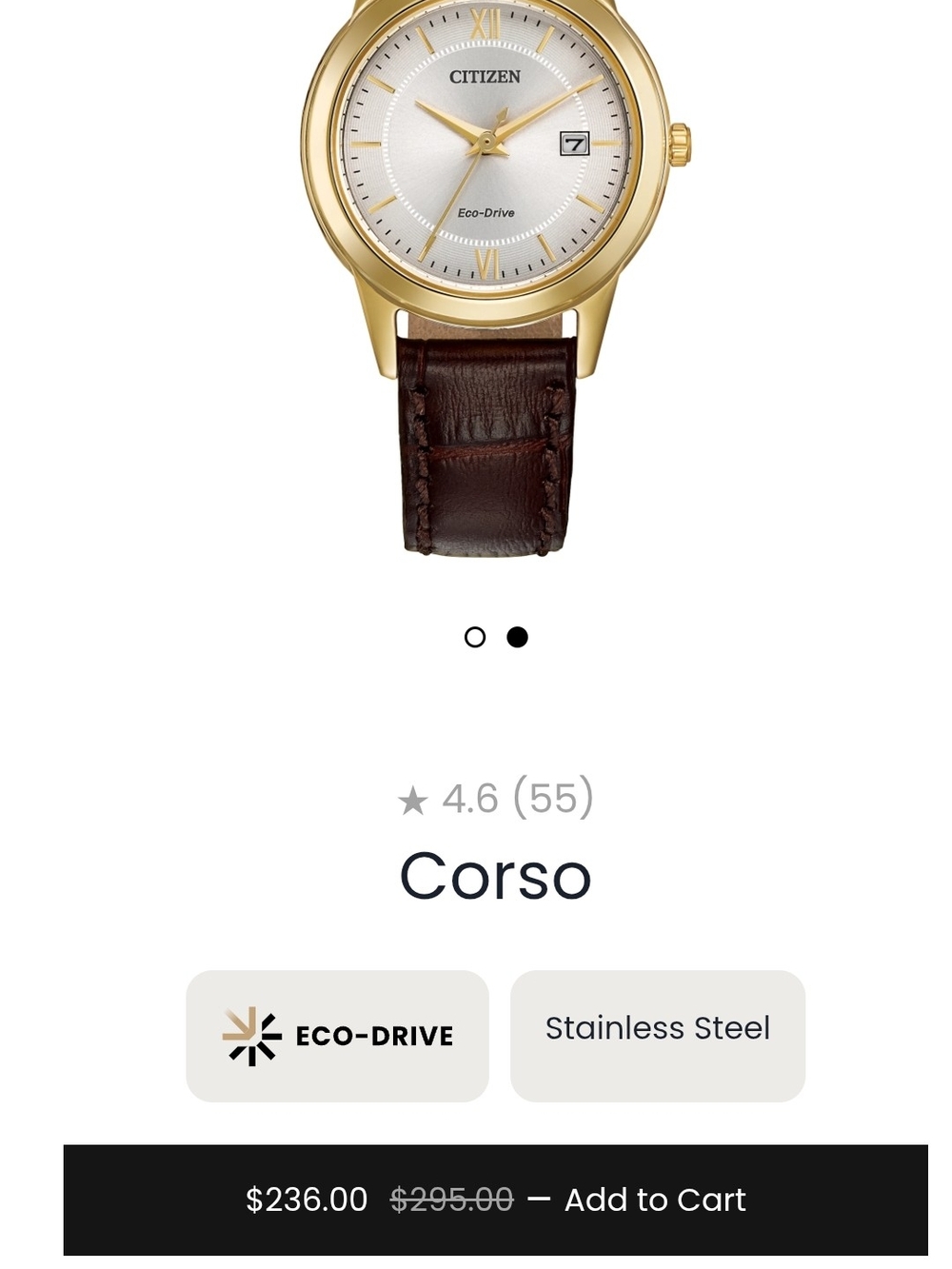 Citizen Gold Tone Case Watch with Brown Strap.